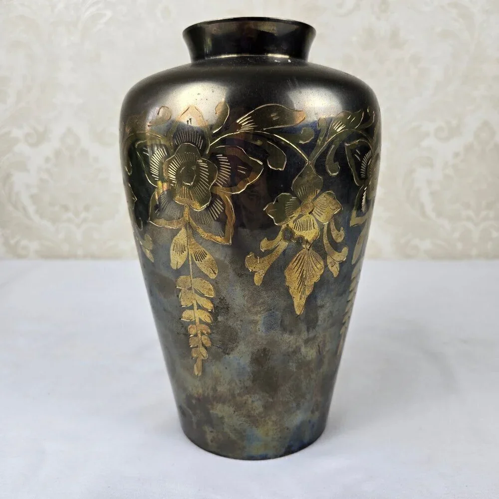 Brass Etched Floral Vase Gold Flowers Vines Leaves Vintage Decor Decoration